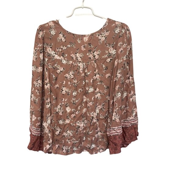 Maurices Floral Boho Top Lace Detail Bell Sleeves Womens M Rayon Pink/Brown - Picture 4 of 5